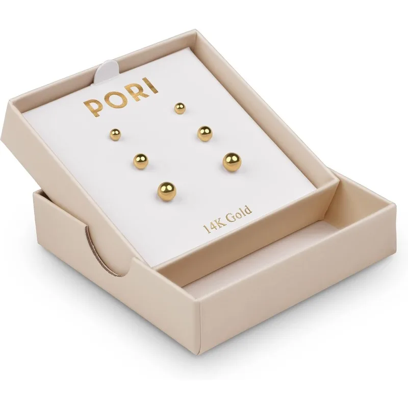 14K Solid Gold Ball Stud Earrings (3-Pair-Pack) 3MM 4MM and 5MM - Choose a Color