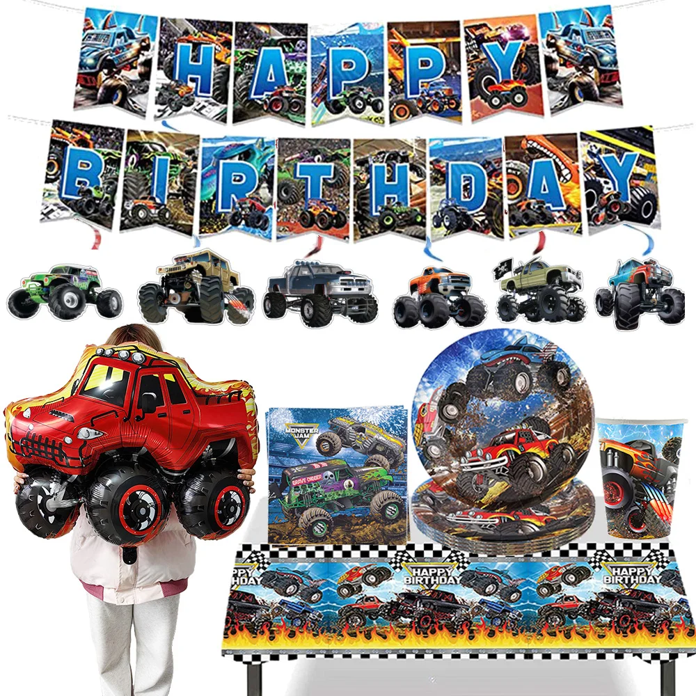 Monster Truck Party Decor Tableware Hanging Decors Happy Birthday Banner Balloon Monster Truck Birthday Party Supplies for Kids