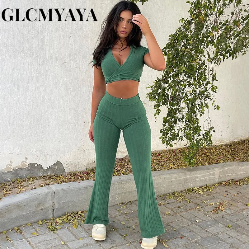 

GLCMYAYA Women Casual Turn-down Collar Bandage V-Neck Short Tee Tops Pant Sets 2023 Basics Solid Slim Flare Pants 2 Piece Set