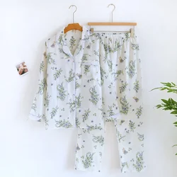 Conjunto de pijama de dos piezas para mujer, ropa de dormir 2024 de algodón puro con doble capa de gasa y manga larga, con dibujos animados, para primavera y verano, 100%