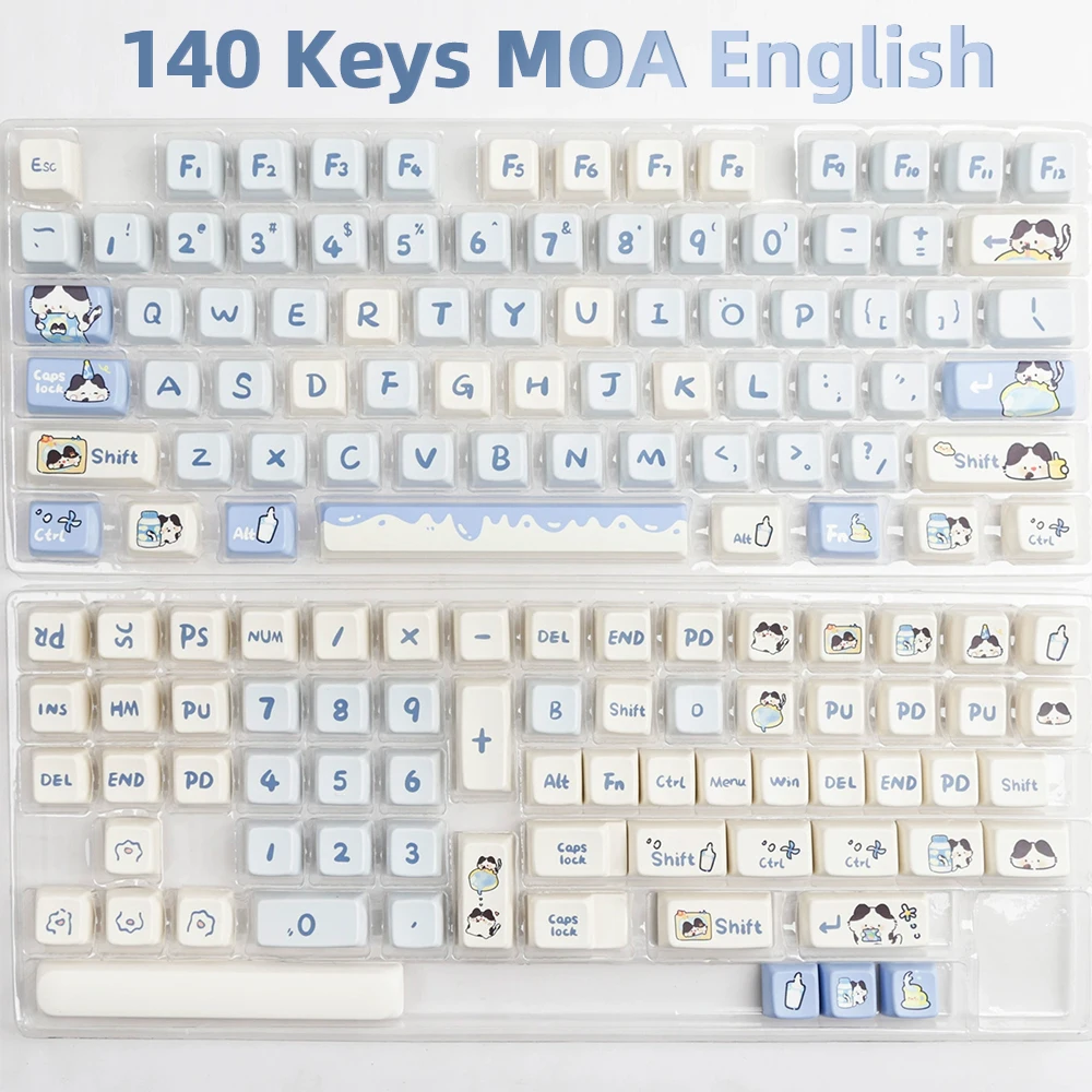 USLION 140 Keys MDA Profile Milk Cat Theme Keycaps PBT Heat Dye Sublimation Key Caps for 61/68/87/96/104/108 Mechanical Keyboard