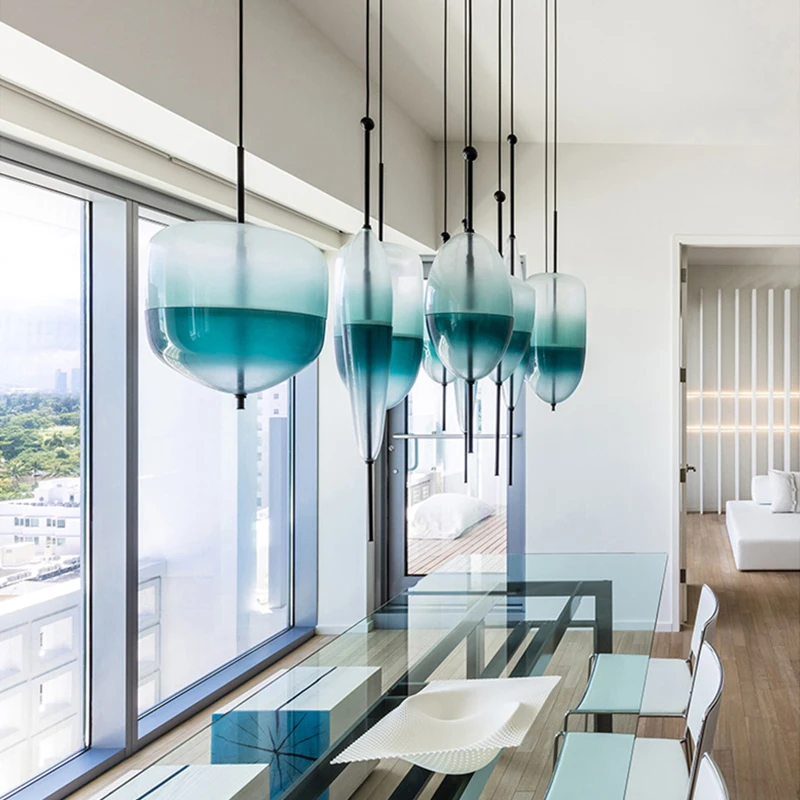 Modern Personality Creative Blue glass chandelier Gradient Color Glass Pendant Light Hotel Cafe Bar Dining Room LED Ceiling lamp