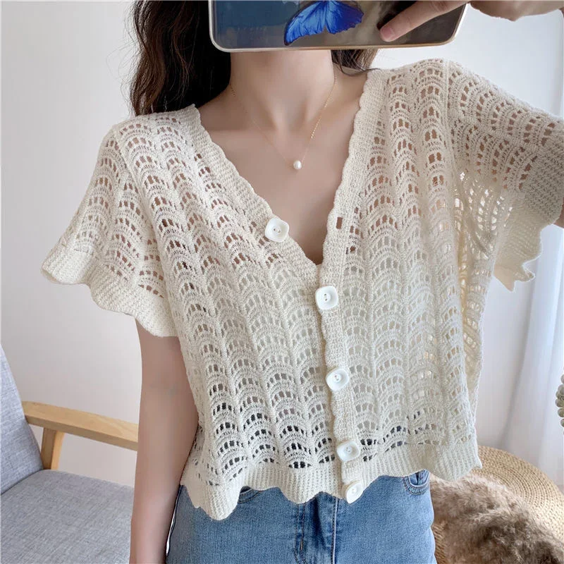 Summer 2023 Women\'s v Neck Cardigan Short Sleeve Shawl Top Vintage Clothes for Women Tops Shirts Blouses