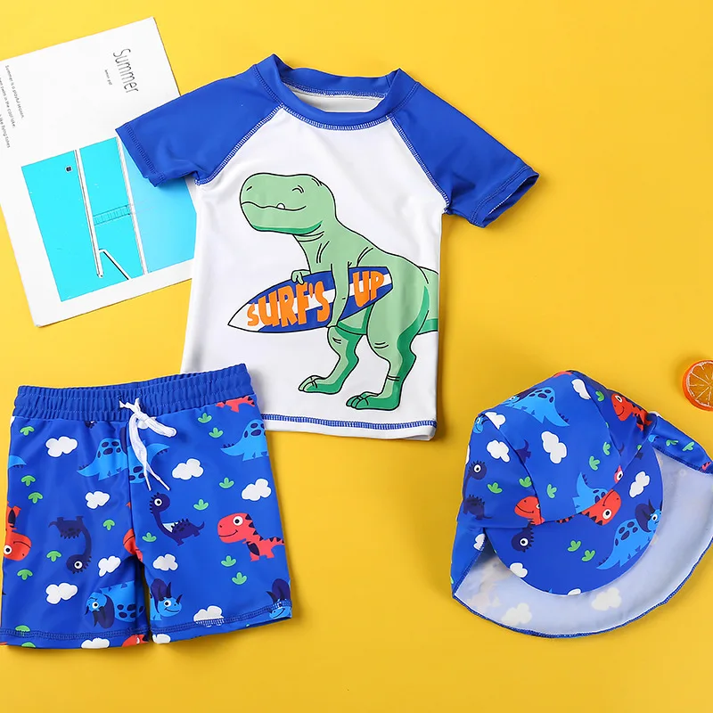 1-12Years Children Long Sleeves Short Sleeves Split Bathing Suit Baby Boys Girls Cartoon Swimsuits+Shorts+Cap Three-piece Set