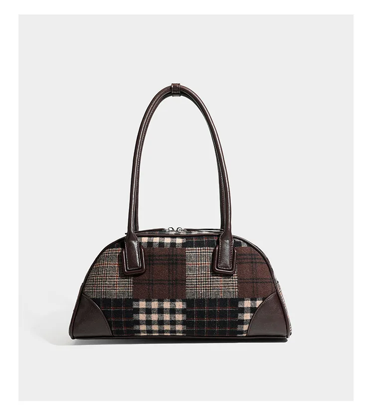 Vintage Plaid Underarm Bag Retro Fabric Shoulder Purse Checked Bowling Handbag Large Capacity Commute Tote for Women view 3