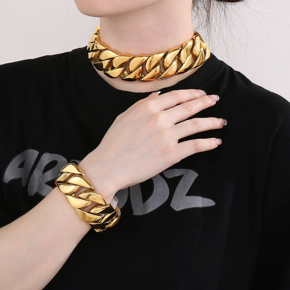 

2025 European Style Chunky Gold Cuban Link Chain Choker Necklace for Women - 14K/18K Gold Plated Stainless Steel Hip Hop Jewelry