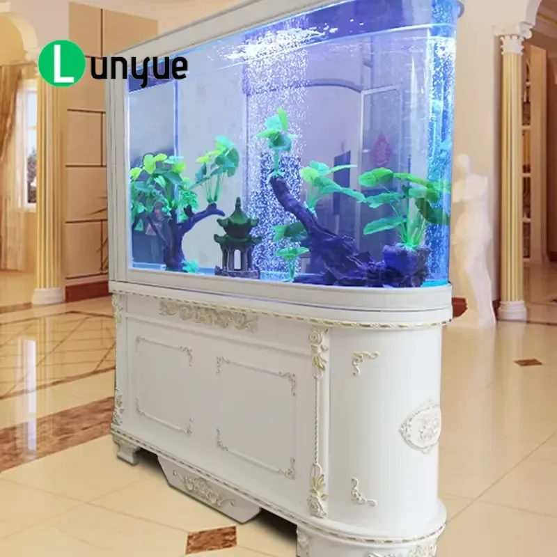 Custom Large Transparent Cube Acrylic Fish Tank with Glass Bullet Front and Bottom Cabinet for Home Living Room Aquarium