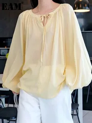 [EAM] Women Yellow Bandage Thin Big Size Blouse New Round Neck Long Lantern Sleeve Shirt Fashion Tide Spring Autumn 2024 1DH5435