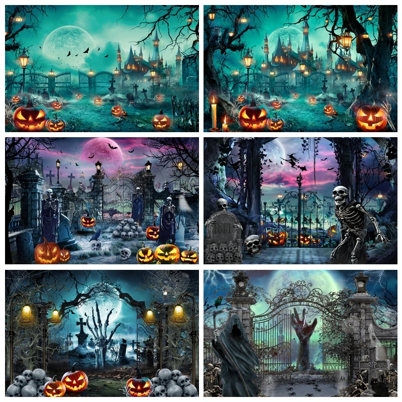 

Happy Halloween Backdrop Dark Forest Tomb Tombstone Castle Pumpkin Skull Moon Family Party Decor Photographic Backgrounds Props