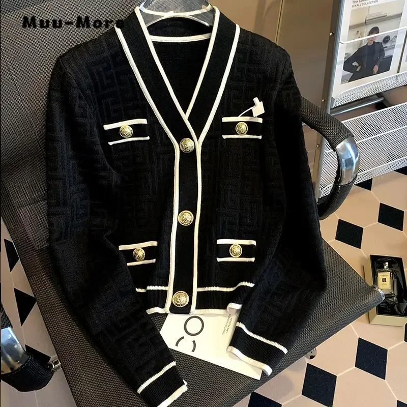 Women Luxury Patchwork Long Sleeve Cardigans 2024 Winter ELegant Fashion Casual Warm Sweater V-Neck Single Breasted Jumpers