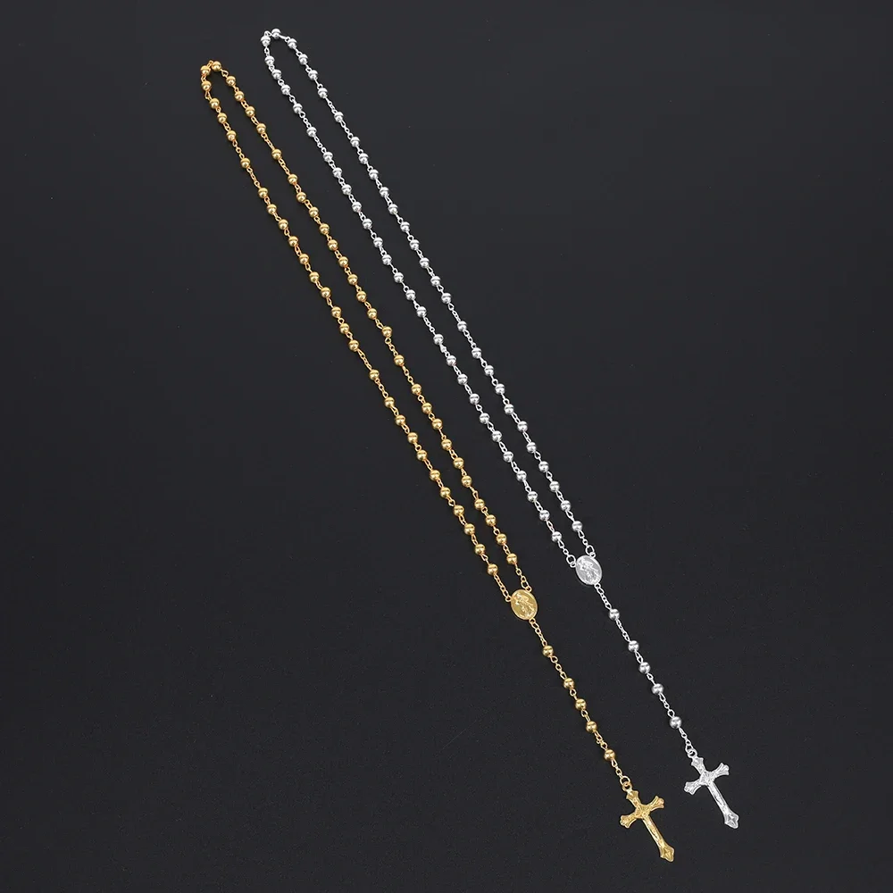 Gold Color Rosary Necklace For Women Men Long 6MM Beads Chain Crucifix Cross Pendant Religious Prayer Party Jewelry Gift image 6