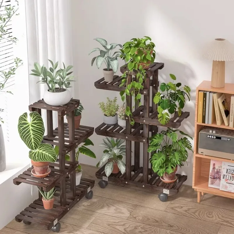 Mobile Plant Stand for Living Room, Floor Standing Preservative Wood Flower Pot Shelf, Anti-Corrosion Rack for Home Garden