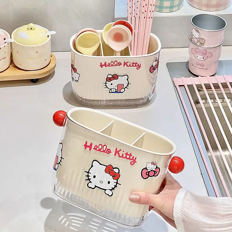 

Cartoon Hello kitty cute tableware storage no punching tabletop drain chopstick cage kitchen knife, fork and spoon storage rack