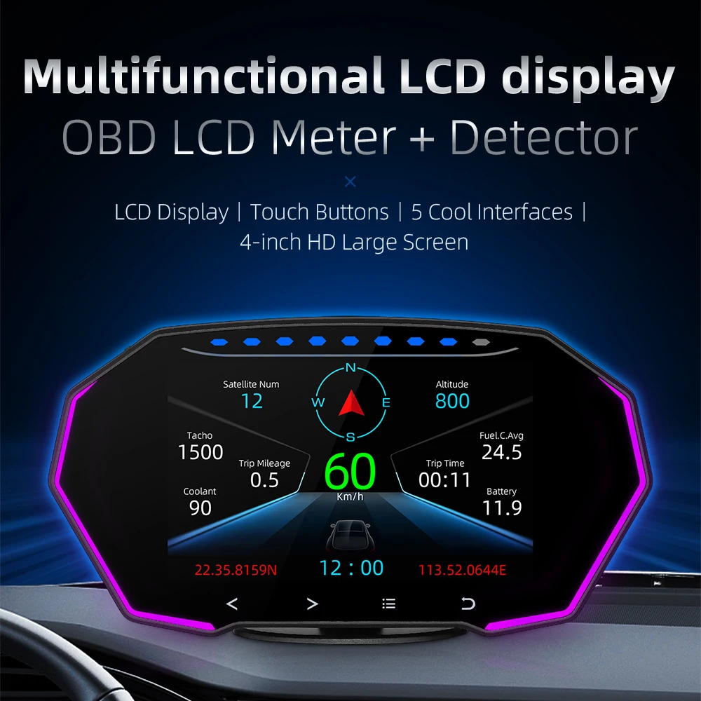 

HUD OBD2 GPS Car Head Up Display Windshield With Car Speedometer Security Alarm Water Oil Temp Overspeed Diagnostic