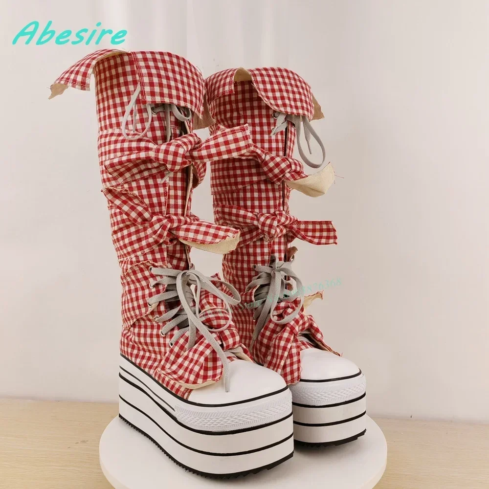 Black and White Checkered Platform Knee High Boots Wedges Butterfly Knot Lace-Up Shoes for Women Y2K Country Sweet Cute Shoes view 4