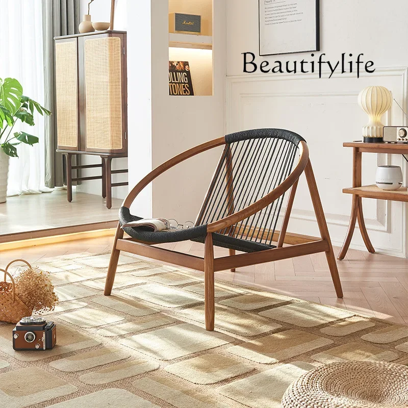 Hi Modern simple leisure chair black hemp rope woven living room home ash wood bed and breakfast solid wood round sofa chair