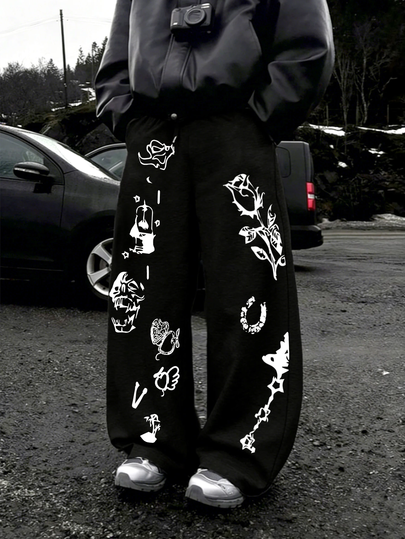 Men Grunge Wide Leg Jogger Pants, Dual-Leg Asymmetric White Tattoo Flash Doodle Rose Skull Butterfly Heart Print DrawstringBaggy