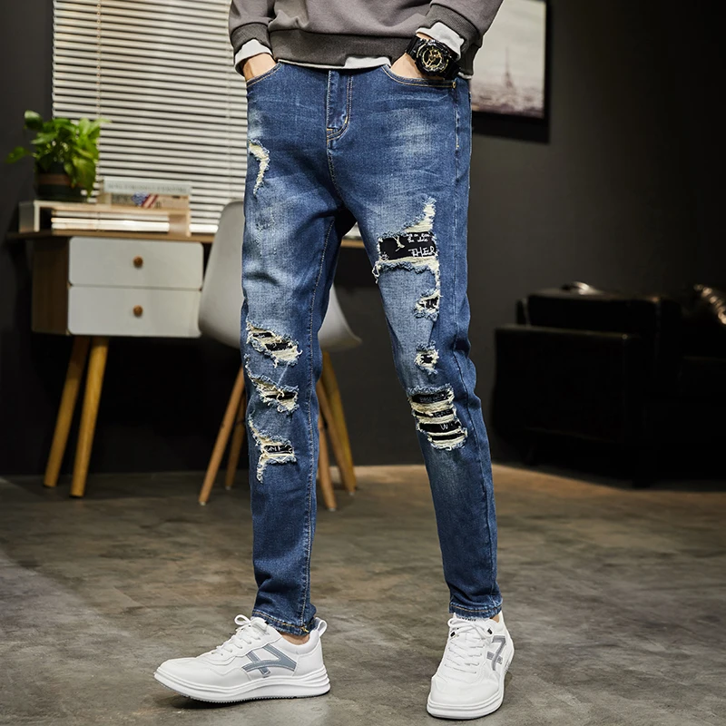 

Moto Biker Jeans Men Ripped Slim Fit Dark Blue Destroyed Streetwear Holes Patchwork Jeans Men Pants Denim Harem Pants Beggar