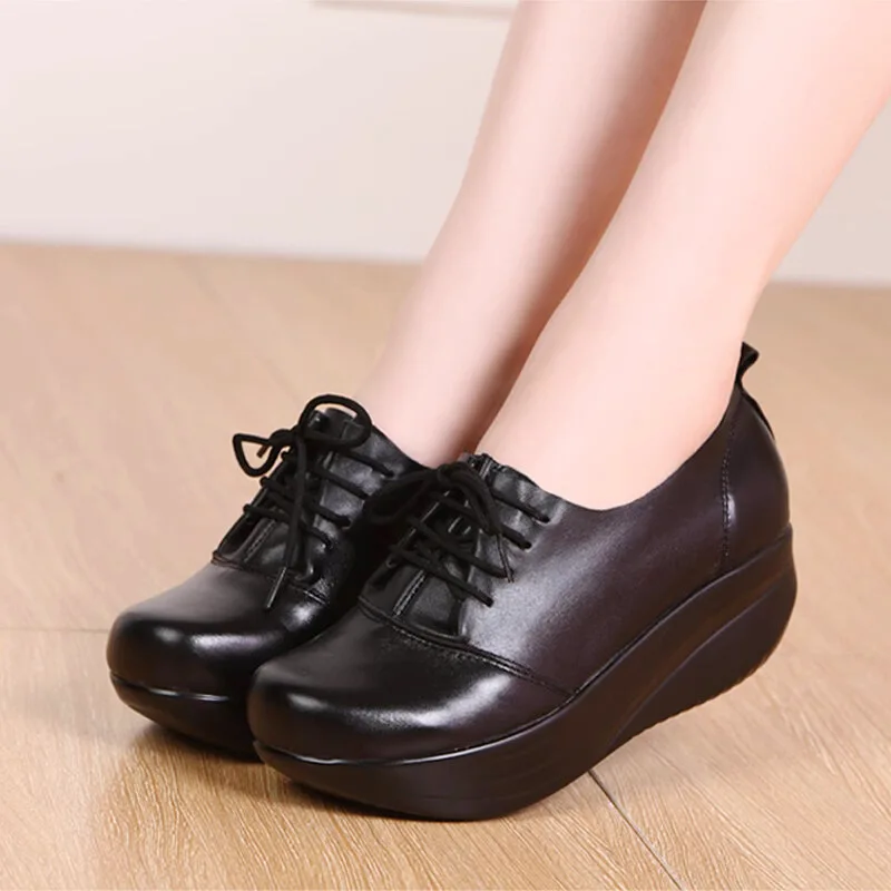

32-43 2025 Trendy Round Head Comfortable Anti-Slip Work Dance Casual Shoes Mom's Women's Footwear Lace Up Wedges Platform Shoes