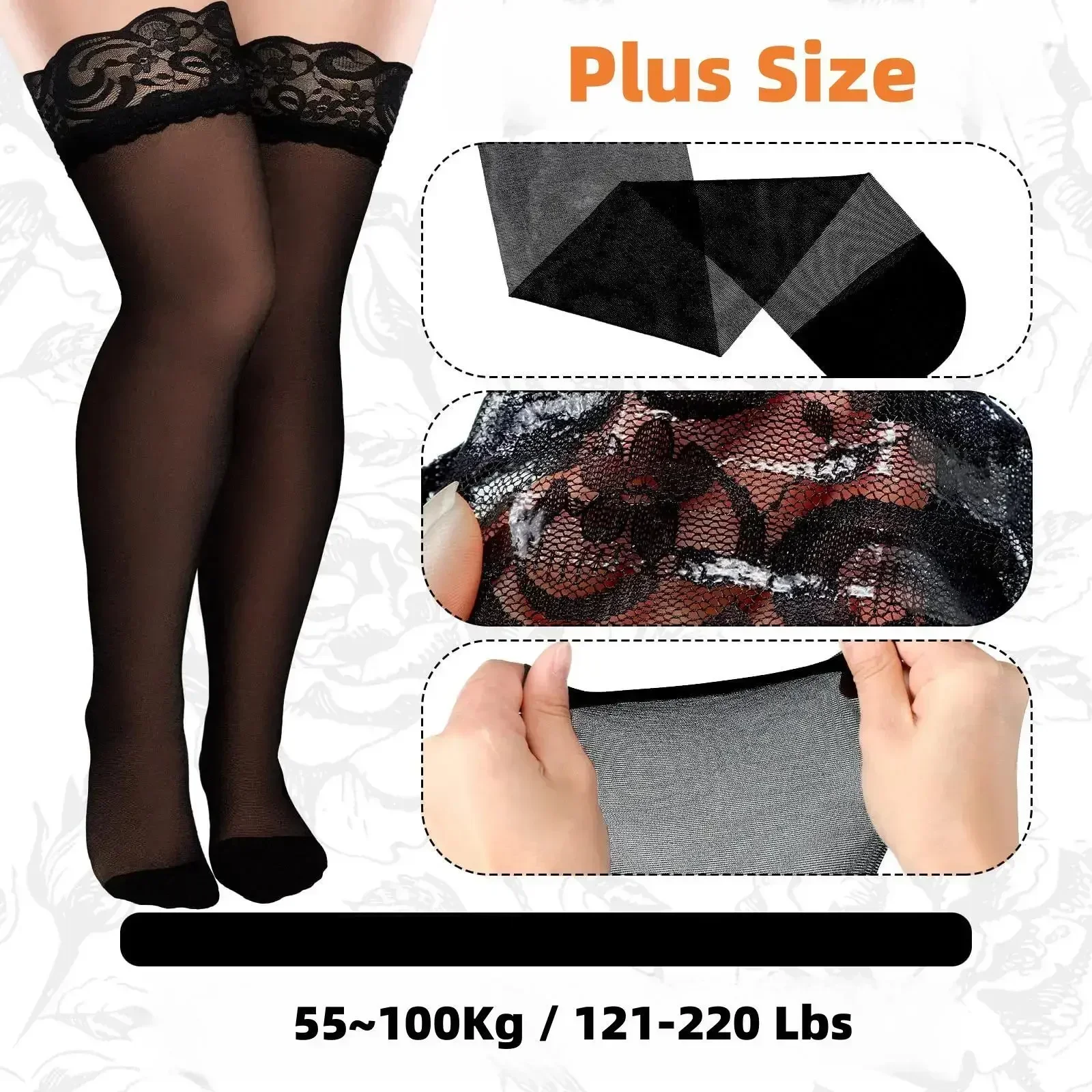 FREEAUCE Sexy Women Thigh Long Plus Size Stockings Black Lace Top Over Knee High Elastic Stocking Socks with Silicone Anti-slip