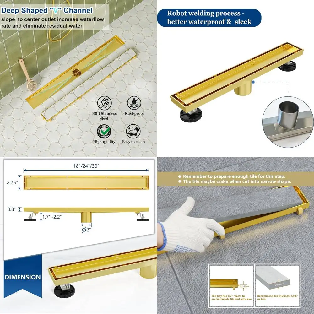 

18 Gold 304 Stainless Steel Linear Shower Drain with Tile Insert, Adjustable Feet & Hair Catcher