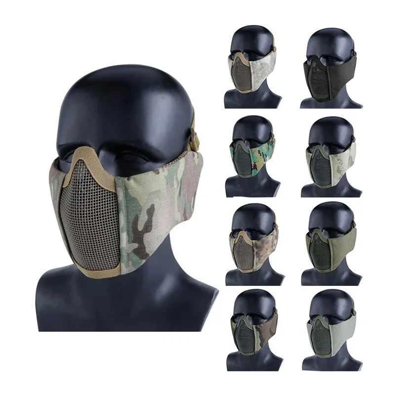 전술 사이클링 페이스 마스크 사냥 귀 보호 페인트 볼 CS 하프 페이스 저탄소 스틸 메쉬 통기성 슈팅 장비