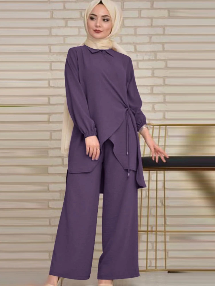 Ensemble musulman 2 pièces pour femme, tenue musulmane, chemisiers à lacets monochromes, pantalons à jambes larges, caftan arabe décontracté pour Ramadan, olympiques Eid, 2024