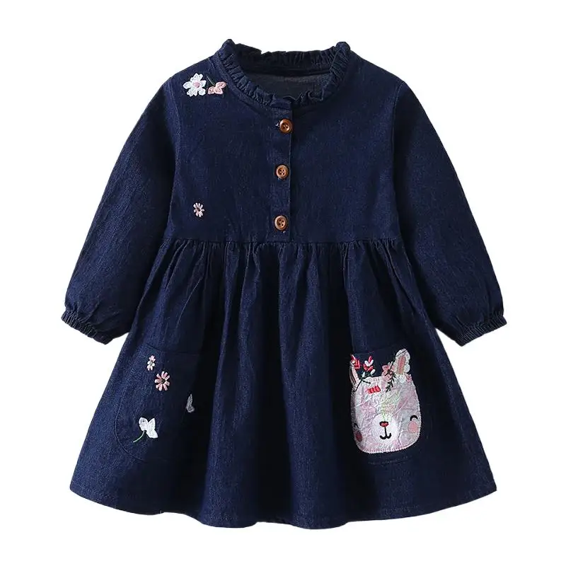 

Girls Baby Denim Dress 2025 Spring Fashion Casual Cotton College Style Cartoon Baby Children's Dress Party Outdoor
