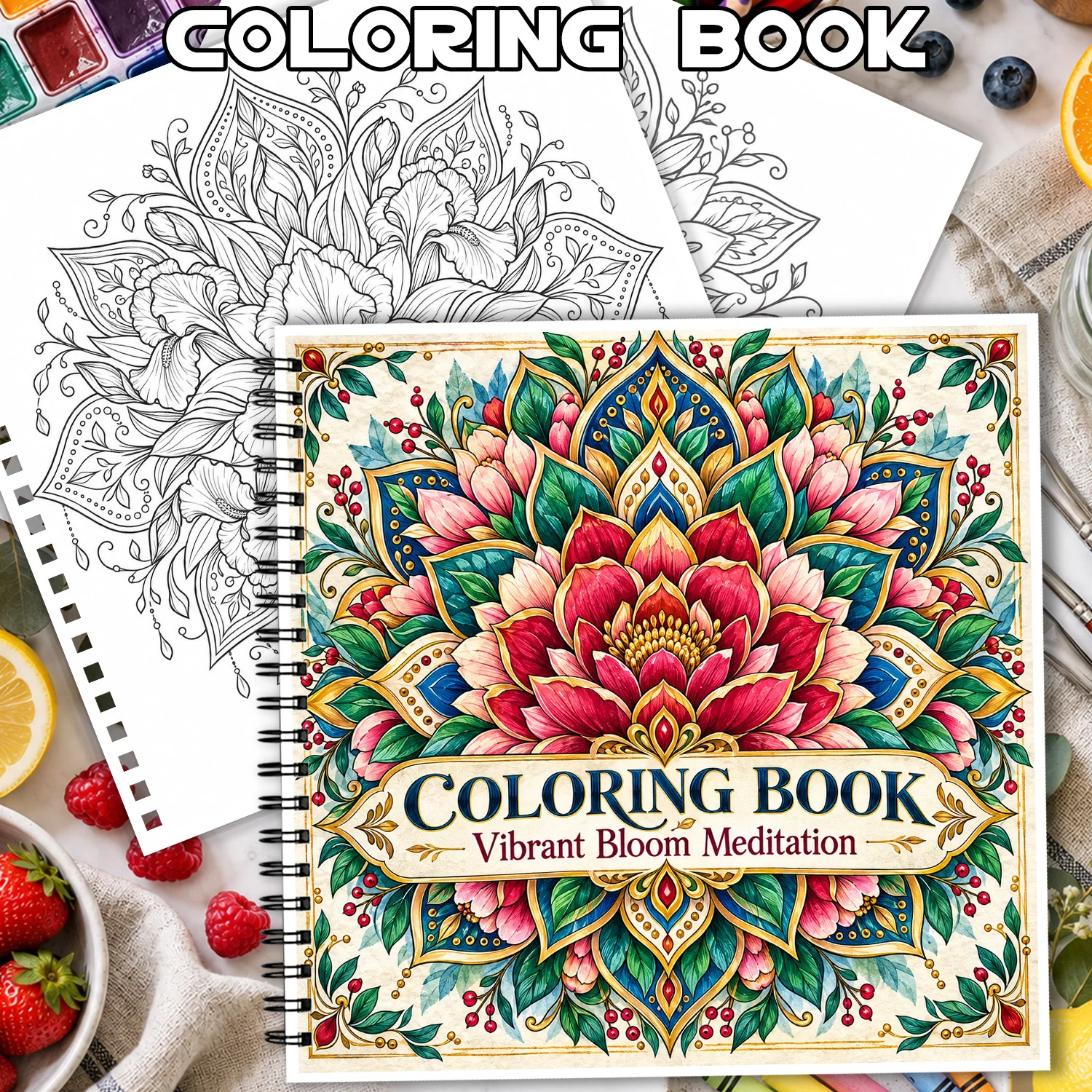 Spiral Binding Coloring Book Vibrant Bloom Meditation For Adults Teens Showcasing Creativity Relieving Stress Mandala Design