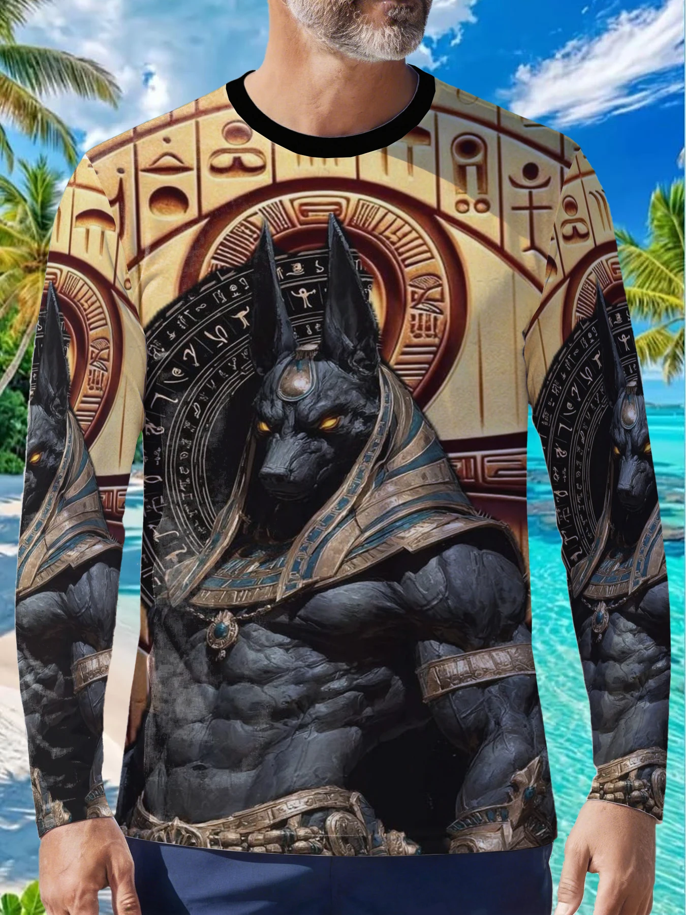 Halloween Ancient Egypt Myth Anubis Mens Polyester Long Sleeve T Shirt Egyptian God Jackal Hieroglyph Print Graphic Tee Casual S
