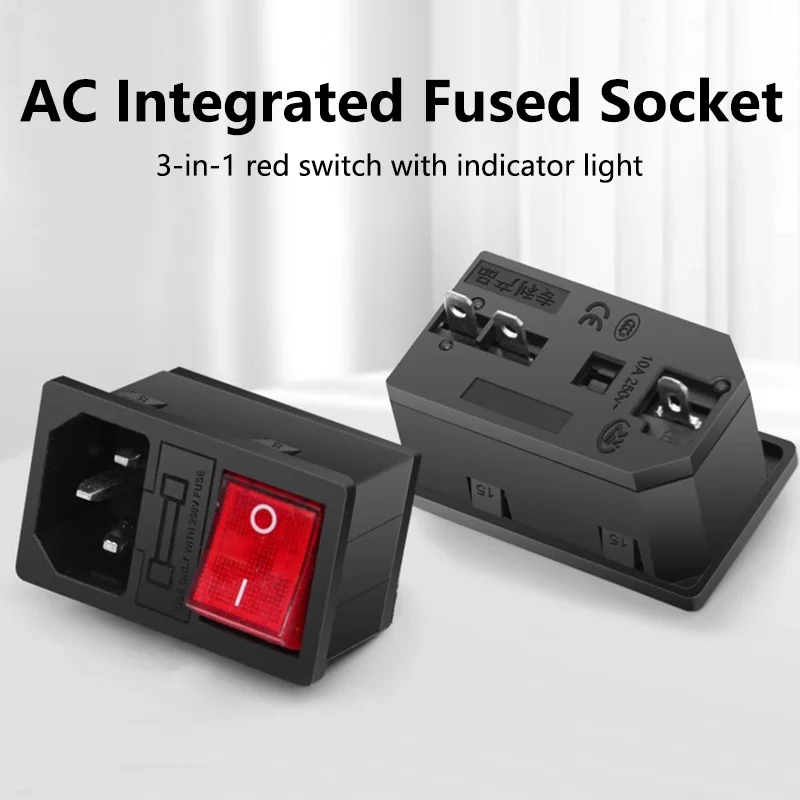 5/20/100PCS AC-01-2 Red Light 10A250VAC Rocker Switch Power lnlet Socket lEC 320 C14 3Pin Connector AC Power Socket