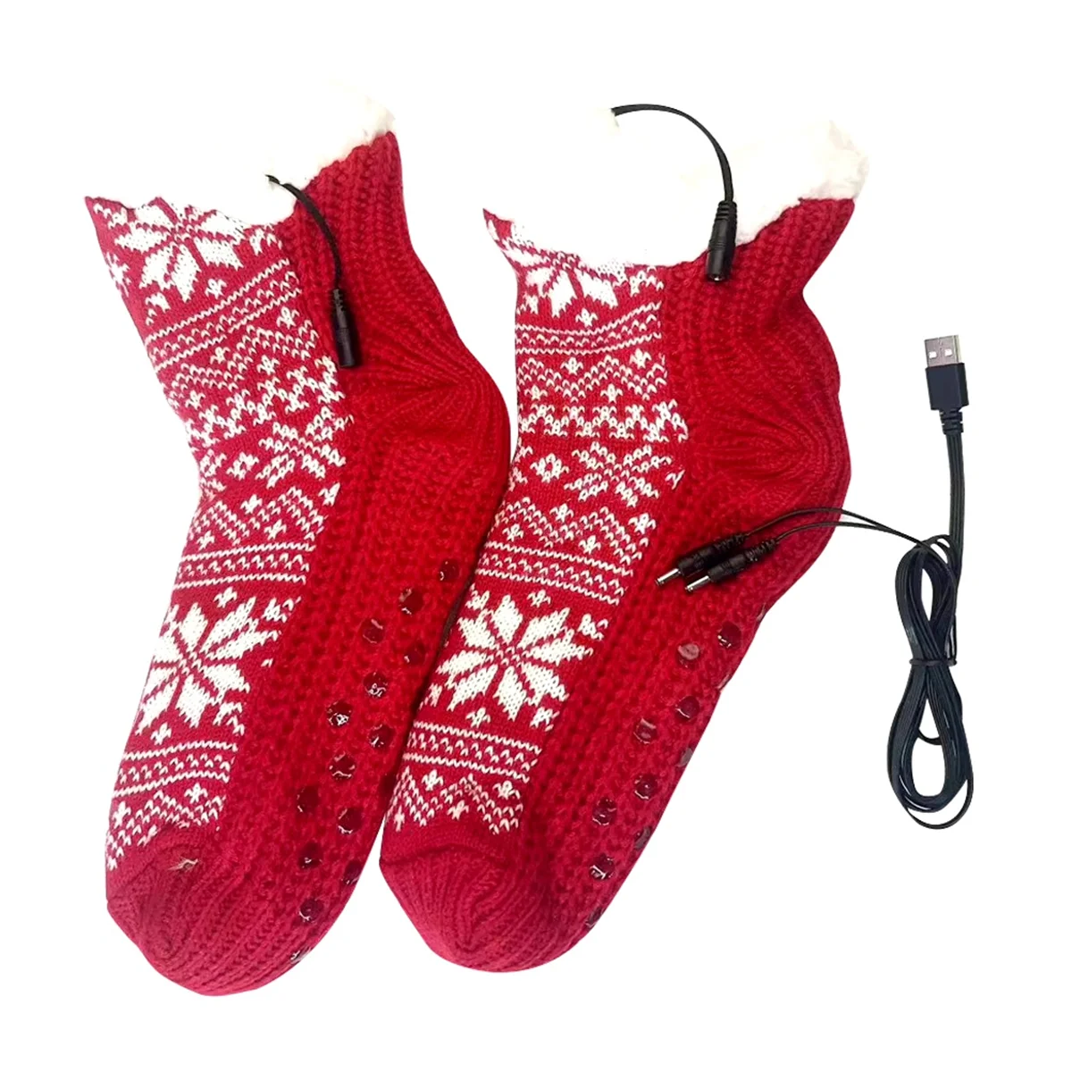 

A72P USB Heated Soft Knitted Socks Non Slip Fluffys Slipper Socks Plush Floor Socks Carpet Socks for Home Indoor Christmas
