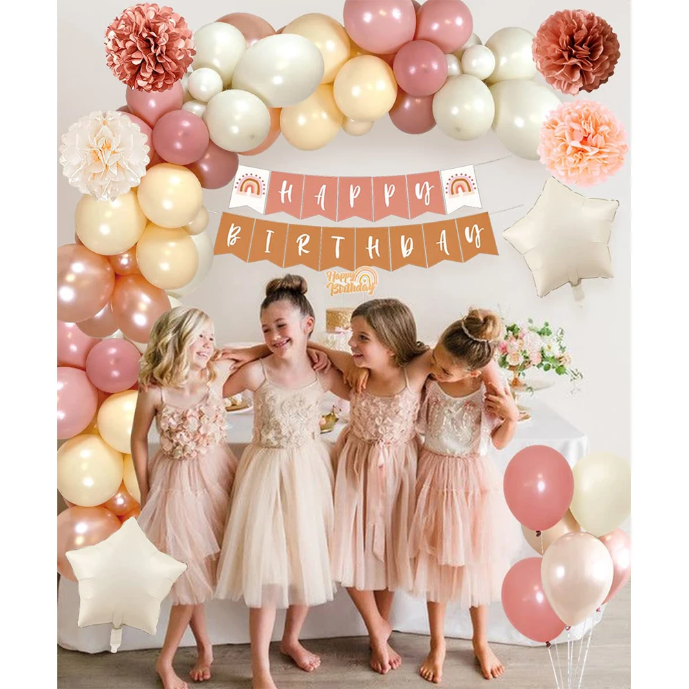 1 2 3 Year Girl Birthday Decorations Boho Balloon Paper Flower Pom Poms Happy Birthday Banner Pink Sand White Apricot Balloon