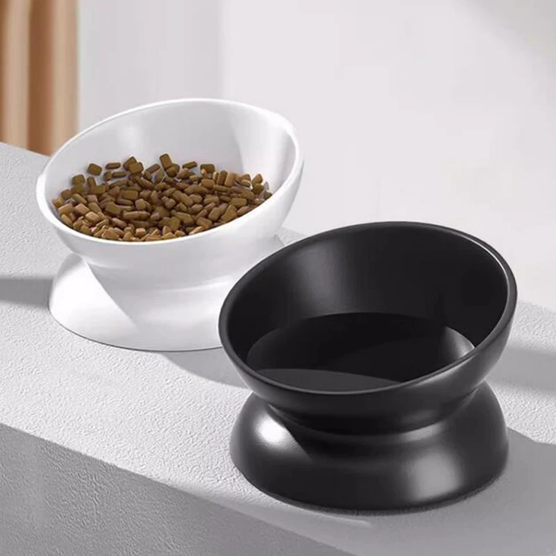 Anti Overturning Cervical Spine, High Feet Inclined Mouth, White and Black, Drinking Water, Dog and Cat Food Bowl, 1PC