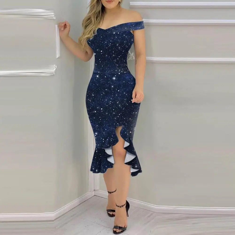 Women Off Shoulder Slim Long Skirt Party Dress Elegant Slit Hem Formal Sheath Dress Female Floral Ruffles Skinny Bodycon Dress