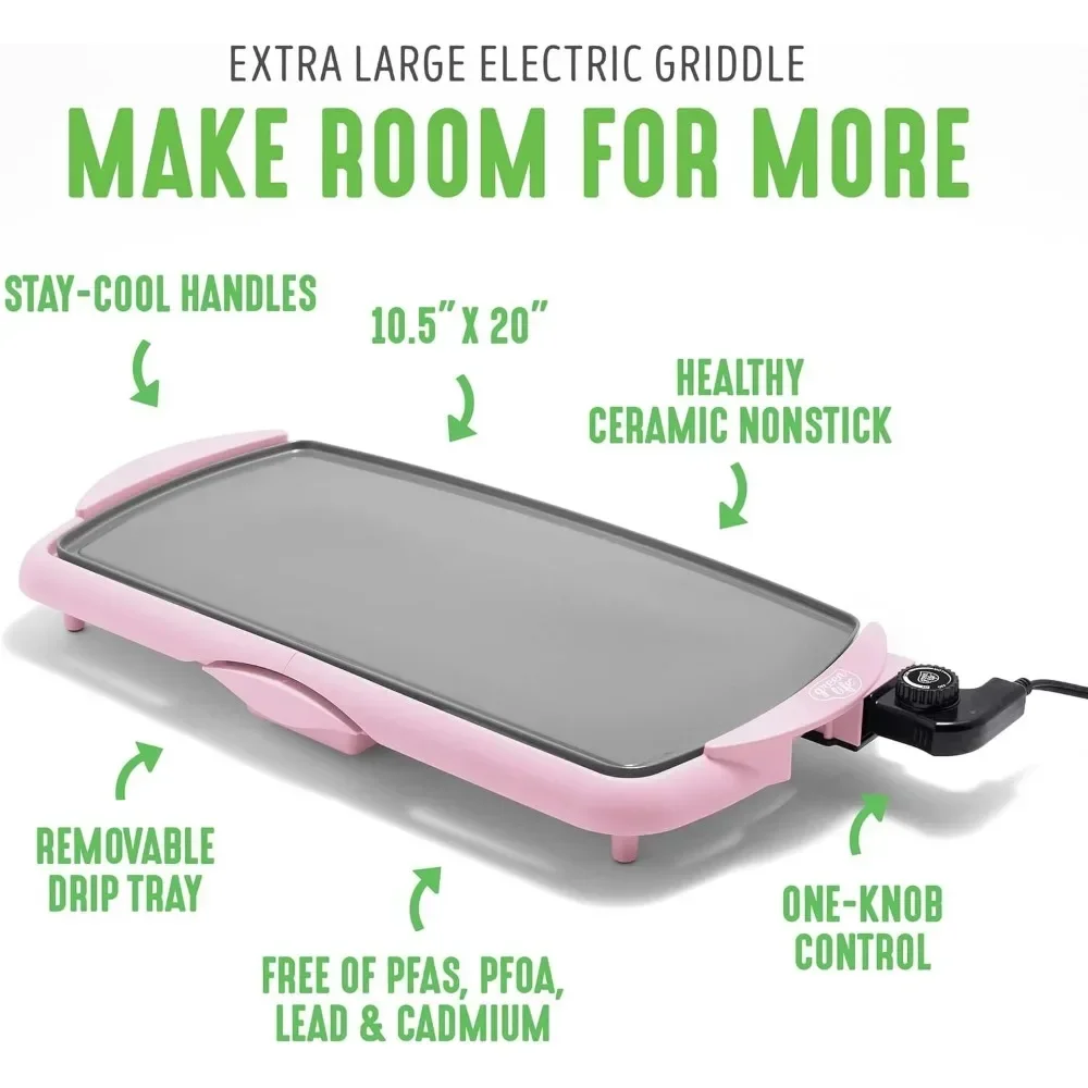شواية كهربائية كبيرة مقاس 20 بوصة من Www لبرجر البيض والمزيد، صينية تنقيط قابلة للإزالة، تحكم في درجة الحرارة قابل للتعديل، PFAS-Fre