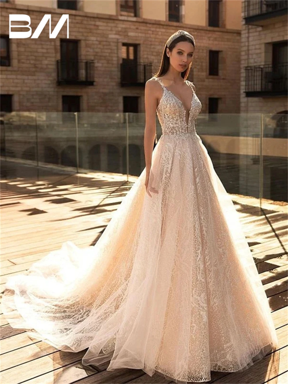 

BRLMALL Modern A Line Wedding Dress With Spaghetti Straps Court train Deep V Neck Bridal Gown Custom Made Luxury Glitter Lace