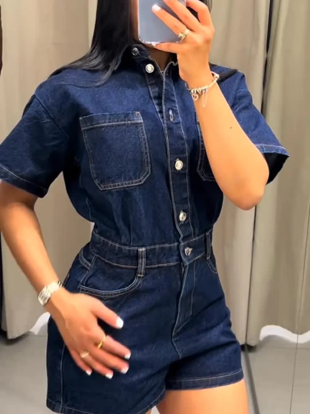 Women's Fashion Retro Lapel Single Breasted Pocket Decoration Short Sleeve Denim Jumpsuit Slim Fit Casual Zipper Jumpsuit Shorts