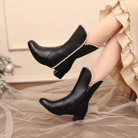 Women Pink Cute Cosplay Mid-calf Boots Pearl Bordered Block Heels Boots White Sweet Princess Shoes Small Size 31 32 33 Ladies