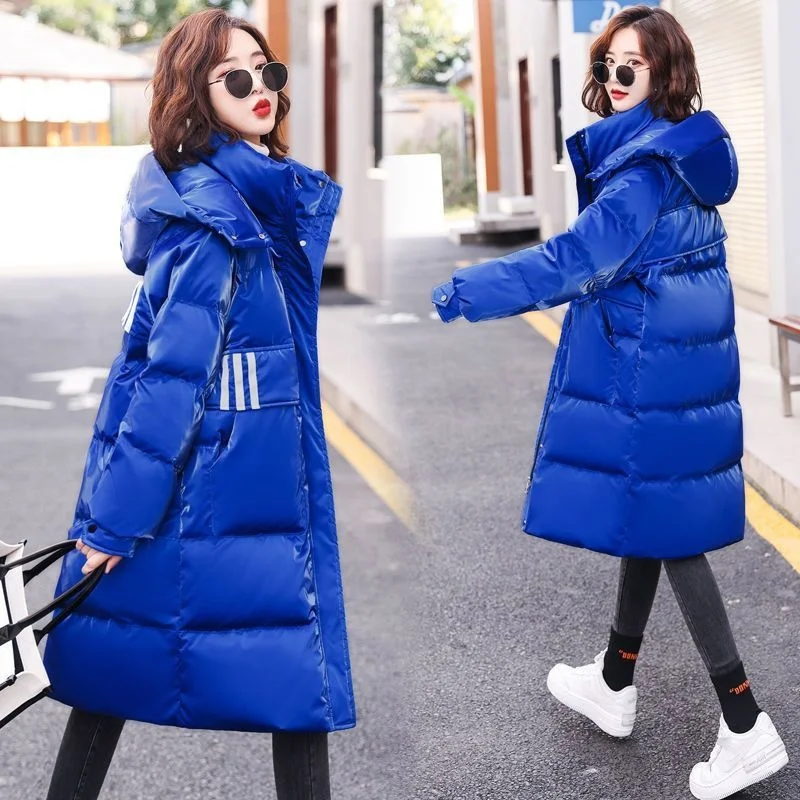 Fashion Hooded Shiny Down Cotton Jacket Women\'s Mid-length Korean Loose Female Outwear Thickened Warm Parka Coat