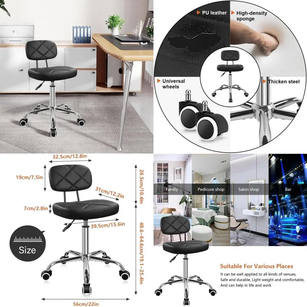 

Adjustable Height Office Chair with Backrest and Wheels, Square Stool for Home and Work (Black)