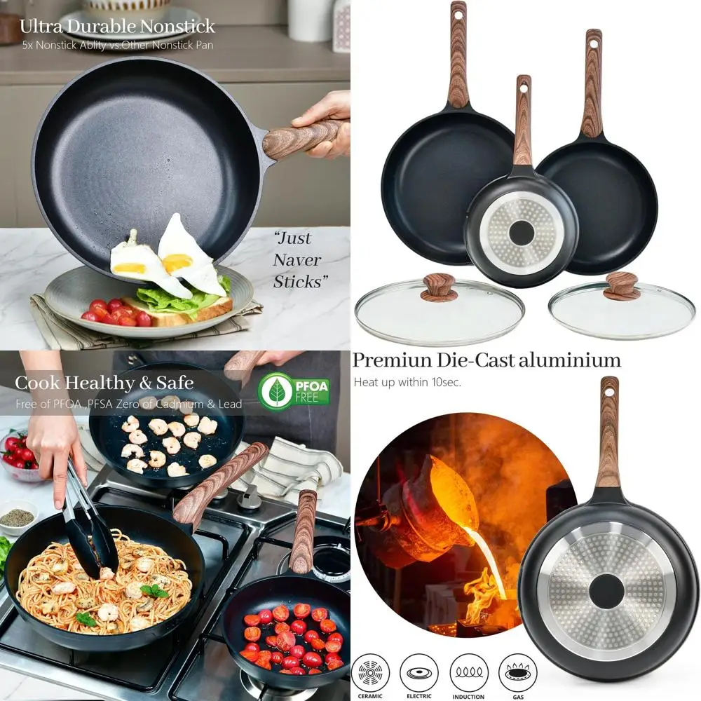 

3-Piece Nonstick Frying Pan Set with Lids, 8, 10, 11 Skillets, PFOA-Free, Compatible with Gas and Induction Stovetops