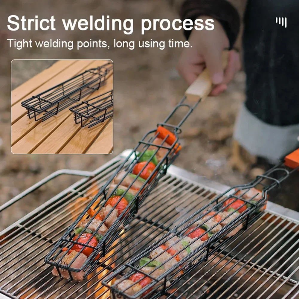 Camping BBQ Grill Basket Portable Charcoal Grill Outdoor Wood Handle Roasting Meat Tools Non-Stick Reusable Kitchen Accessories