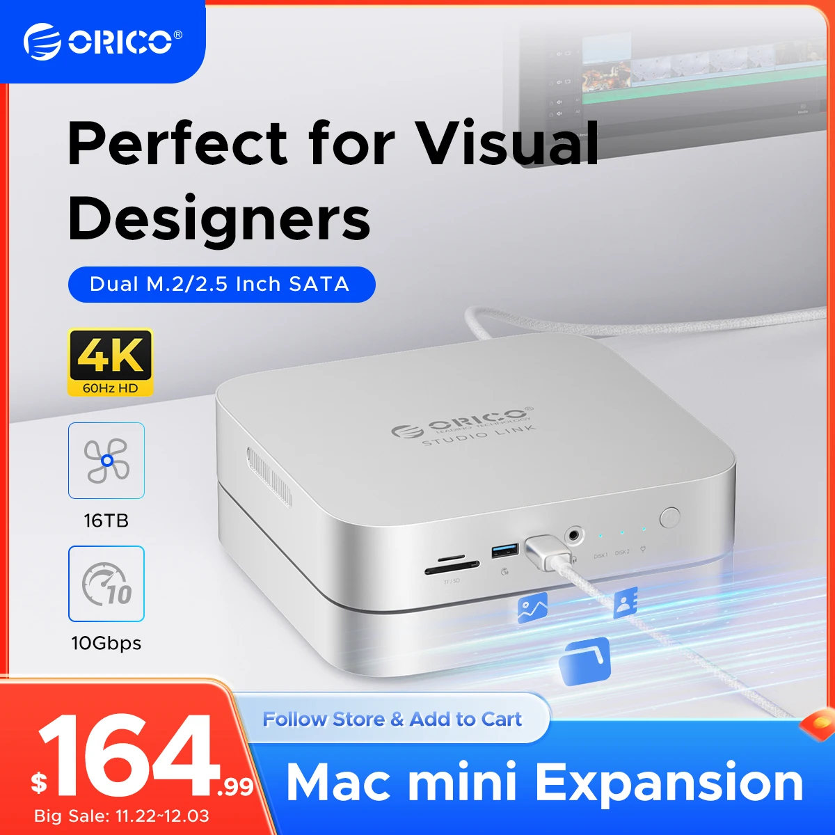 ORICO StudioLink USB C HUB 2.5″ SATA 16TB NVME M.2 SSD Hard Drive Enclosure DP8K@30Hz SD/TF2.0 Docking Station For Mac mini