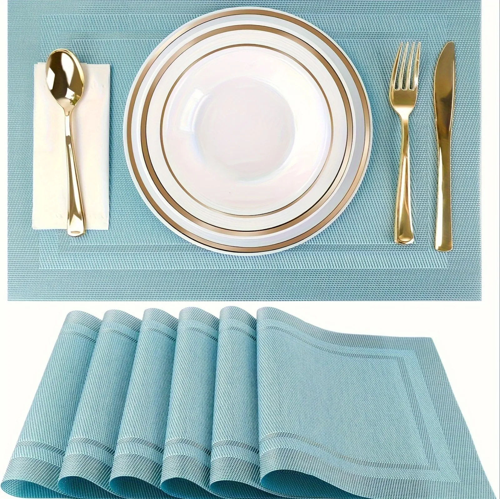 2/4/6pcs blue placemat, kitchen table mat, heat resistant anti slip stain washable PVC table mat, easy to clean woven vinyl dinn