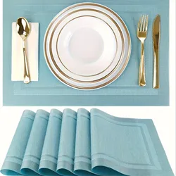 2/4/6pcs blue placemat, kitchen table mat, heat resistant anti slip stain washable PVC table mat, easy to clean woven vinyl dinn