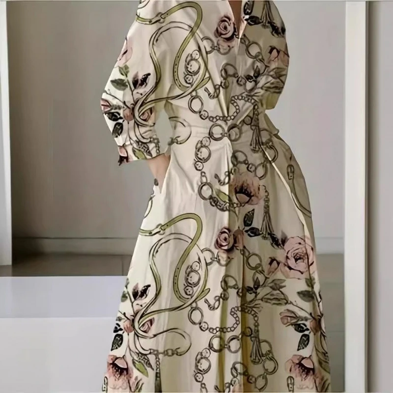Spring Dress Elegant Maxi Dresses For Women 2025 Casual V Neck Long Sleeve Dot Print Shirt Party A-line Long Dress Robe Femme