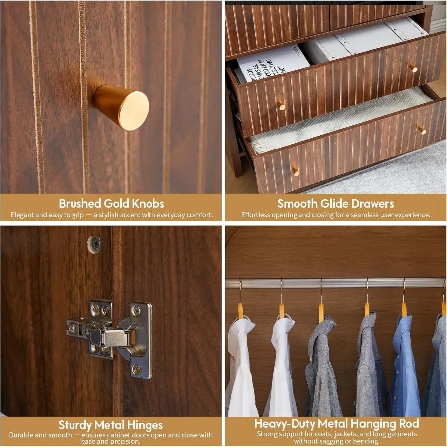 خزانة ملابس مقوسة بذراعين، خزانة ملابس حديثة ببابين في منتصف القرن مع قضيب معلق ودرجين منحوتين