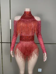 Sparkly Rhinestones Fringes Leotard Sexy DanceBodvsuit Nightclub Outfit Show PerformanceStage Wear Singer Dancer Costume