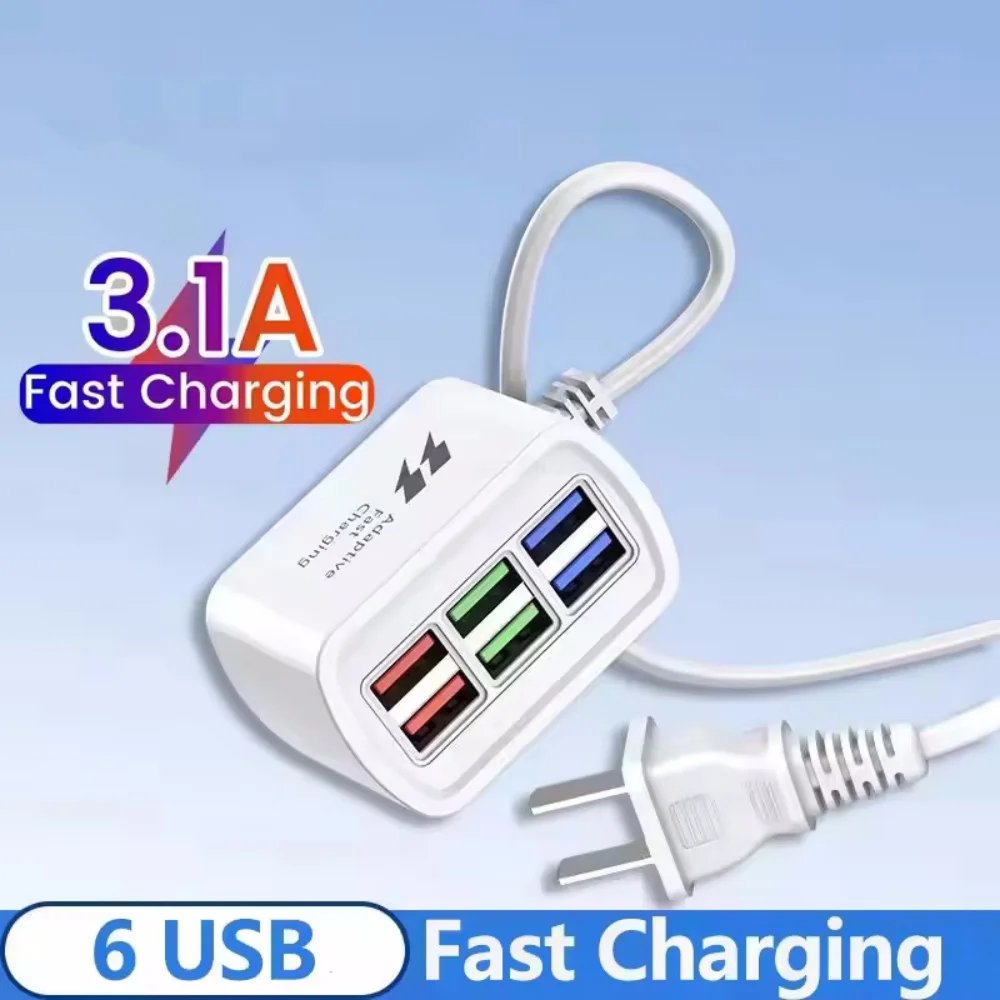 

Fast USB Charger 6 in 1 Power Strip Desktop Charging Station Fast Charging 1m Cord USB HUB Adapter Socket for iPhone 16 15 Home